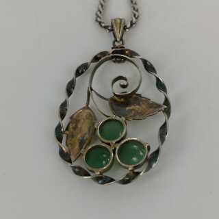 Beautiful art nouveau pendant in silver with leaf decoration and three chrysoprases
