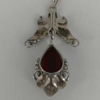Art Nouveau Pendant and Chain in Silver with Carnelian Drop