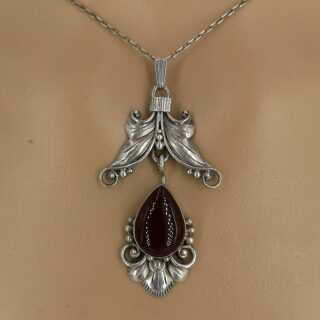 Art Nouveau Pendant and Chain in Silver with Carnelian Drop