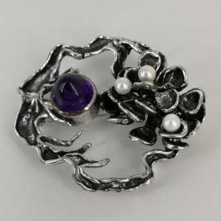 Magnificent pendant or brooch in silver with pearls and amethyst Bartel & Sohn