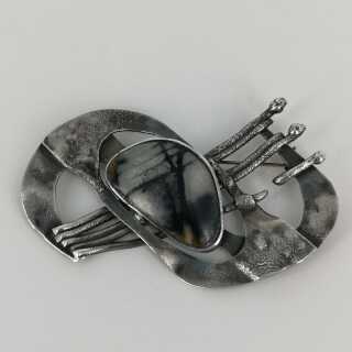 Vintage Brooch in Silver Etching Technique with Agate in Modernism around 1970