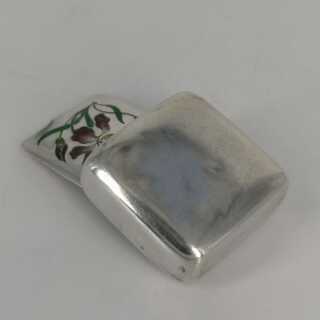 Art Nouveau Pill Box in Silver with Iris Motif in Enamel Painting