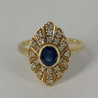 Art Deco Ring mit Saphir und Diamanten - Annodazumal Antikschmuck: Art Deco Ring mit Saphir und Diamanten online kaufen 