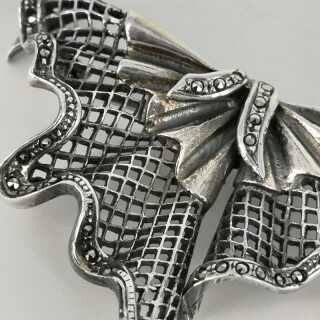Art Deco Cloth Brooch or Pendant in Silver with Marcasites