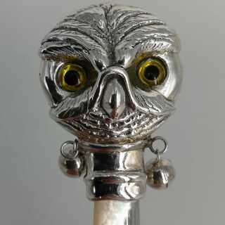 Vintage Baby Rattle in Silver in the Shape of an Owl with Mother of Pearl Handle
