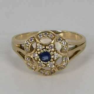 Vintage Goldring für Damen - Annodazumal Antikschmuck: Durchbrochener Ring für Damen mit Saphir und Diamanten kaufen