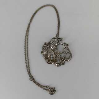 Silver Art Nouveau Pendant with Chain Woman Motif in Relief