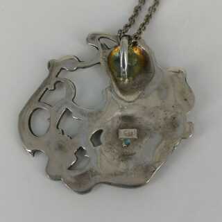 Silver Art Nouveau Pendant with Chain Woman Motif in Relief