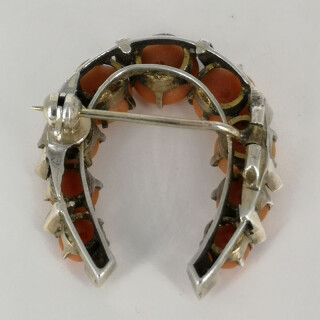 Antique Horseshoe Brooch in Silver with Coral and Pearls