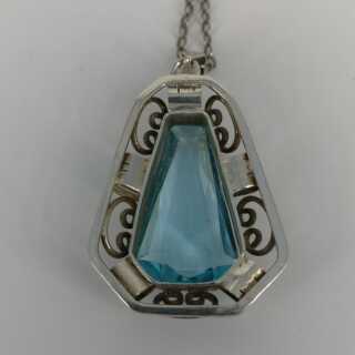 Large Art Deco Pendant in Silver with Chain and Bright Blue Stone