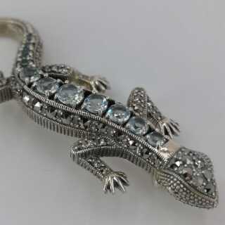 Lizard brooch in silver with light blue topazes and marcasites