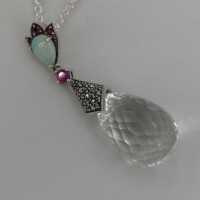 Pendant in 925/- silver with opal, rubies and rock crystal