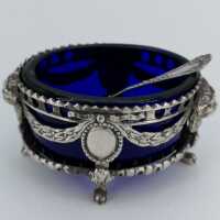 Pair of Antique Empire Saliers in Silver with Cobalt Blue Glass Inserts