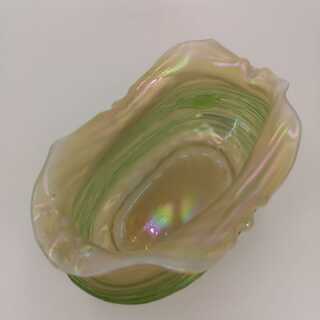 Oval Art Nouveau Bowl with Wavy Rim of Iridescent Glass with Threaded Decoration