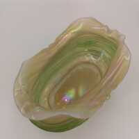 Oval Art Nouveau Bowl with Wavy Rim of Iridescent Glass with Threaded Decoration