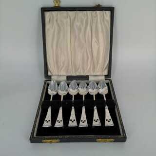 Beautiful Art Deco Set of 6 Coffee Spoons in Silver in Original Case