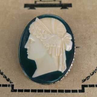Oval Biedermeier Brooch with Green and White Cameo and Silver