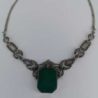 Art Deco silver necklace with green agate and marcasites