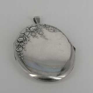 Oval Art Nouveau Medallion in Silver with Rose and Bird Decoration