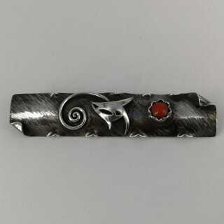 Art Deco Brooch in Silver with Coral in Abstract Design