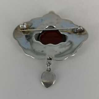 Art Nouveau Brooch in Silver with Agate and Heart Pendant around 1900
